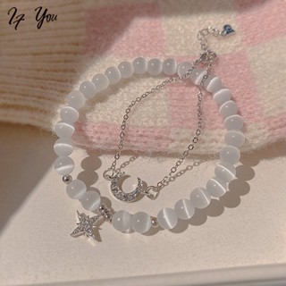 2pcs/set Sweet Girl Star Moon Silver Chain Bracelets Crystal Opal Beads Bracelet for Women Jewelry Accessories