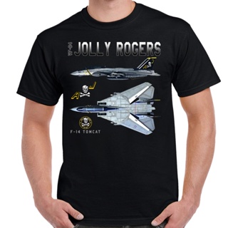 เสื้อยืดผู้ชาย ใหม่ เสื้อยืด ลายกองทัพเรือ US VF-84 "Jolly Roger" Fighter Squadron F-14 Tomcat Schematic ใหม่ เสื้อคอกลม