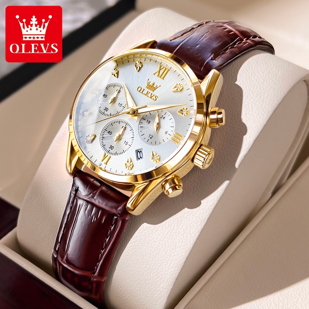 OLEVS นาฬิกาข้อมือผู้หญิง กันน้ํา 100% สายหนัง เรืองแสง สีดํา และสีขาว มัลติฟังก์ชั่น แฟชั่น นาฬิกาข้อมือควอตซ์ ของขวัญวันเกิดผู้หญิง นาฬิกาผู้หญิง 5523