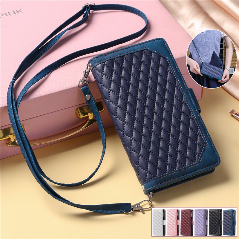 เคสโทรศัพท์มือถือหนัง ฝาพับ พร้อมช่องใส่บัตร ขาตั้ง และสายคล้อง สีฟ้า สําหรับ IPhone 12 11 Pro Max X XS Max 12 Mini