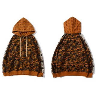 Bape เสื้อโค้ท มีฮู้ด ผ้าฝ้าย พิมพ์ลาย มีซิป แฟชั่น สําหรับผู้ชายและผู้หญิง