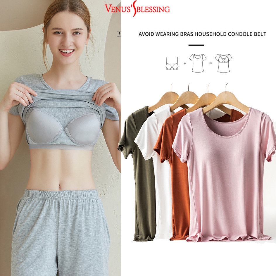M-3XL พร้อมส่ง เสื้อยืดแขนสั้น พร้อมเสื้อชั้นใน เหมาะกับฤดูร้อน สไตล์สปอร์ต สําหรับผู้หญิง