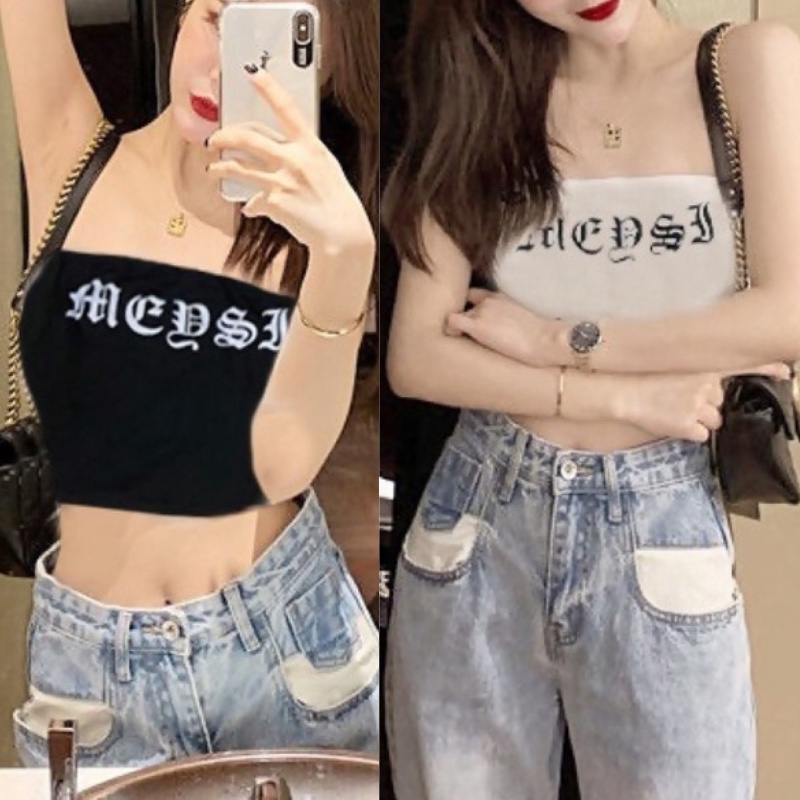 900Shopเสื้อเกาะอก 2 สี อกสกรีนลายตัวอักษร ตัวสั้นทรงครอป
