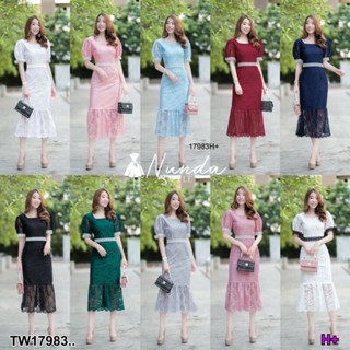 MM17983 เดรสลูกไม้คอเหลี่ยม แขนตุ๊กตา แต่งคาดปลายแขนกับเอว Square neck lace dress, doll sleeves, decorated with cuffs an