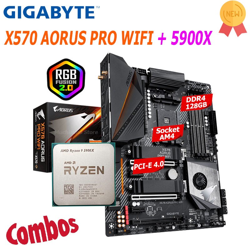 Gigabyte ซ็อกเก็ต AM4 X570 AORUS PRO WIFI + 5900X เมนบอร์ด Combo เดสก์ท็อป M.2 AMD Ryzen เมนบอร์ด DD