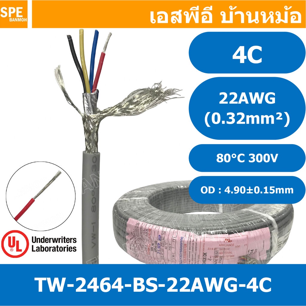 [ 1 เมตร ] TW-2464BS-22AWG-04C เทา Grey สายมัลติคอร์ 4 คอร์ ขนาด 22AWG 4Cx22AWG UL2464 300V 80°C AWG