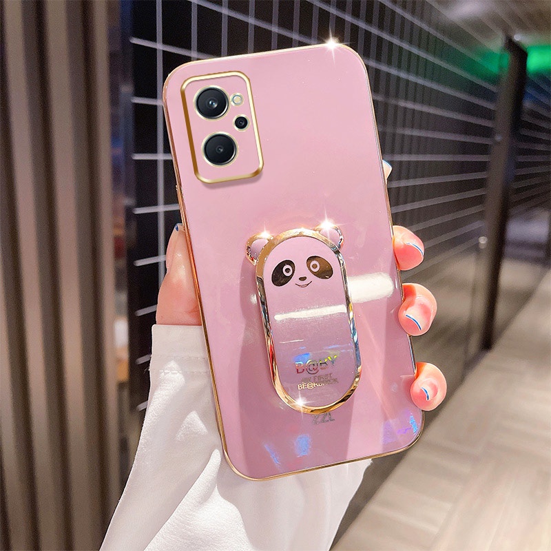 กล้องที่แม่นยําเคสโทรศัพท์สําหรับ OPPO Realme 9i A96 K10 4G พร้อมชุบหรูหราโล่น้ําแข็ง Panda ที่วางโท