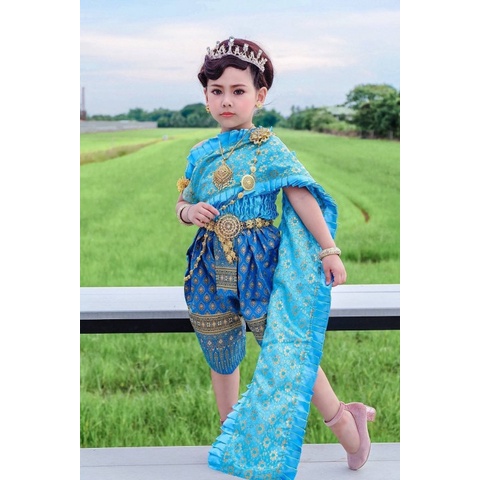 ชุดไทยเด็กหญิง  ชุดสไบลูกไม้ +โจงกระเบนผ้าพิมพ์ลายไทย THA82