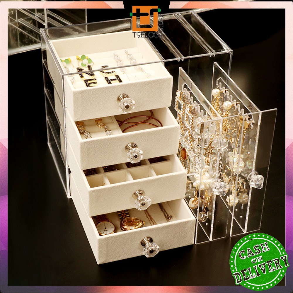 OFM-K136 กล่องเครื่องประดับ 4 ชั้นลิ้นชักชั้นวางอะคริลิค Organizer ต่างหูแหวนกันฝุ่น/สร้อยคอผู้หญิงอ
