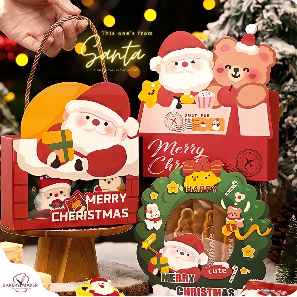 กล่องกระดาษคริสต์มาส Christmas หิ้วได้ 5 ใบ / คละ 3 ลาย Santa Teddy Christmas Wreath กล่องหิ้วได้ กล่องขนม กล่องของขวัญ