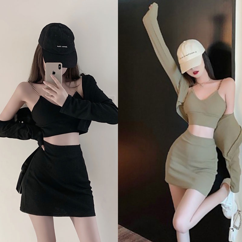 พร้อมส่ง น่ารัก เกินปุยมุ้ยยย!!! สายแขวน + กระโปรงเอวสูง + เสื้อแจ็คเก็ตคาร์ดิแกน พร้อมส่ง