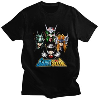 เสื้อยื การ์ตูนผจญภัยอะนิเมะ Saint Seiya เสื้อยืดผู้ชายผ้าฝ้ายนุ่มทีท็อปส์อัศวินของนักษัตรเสื้อยืดแขนสั้น Cl