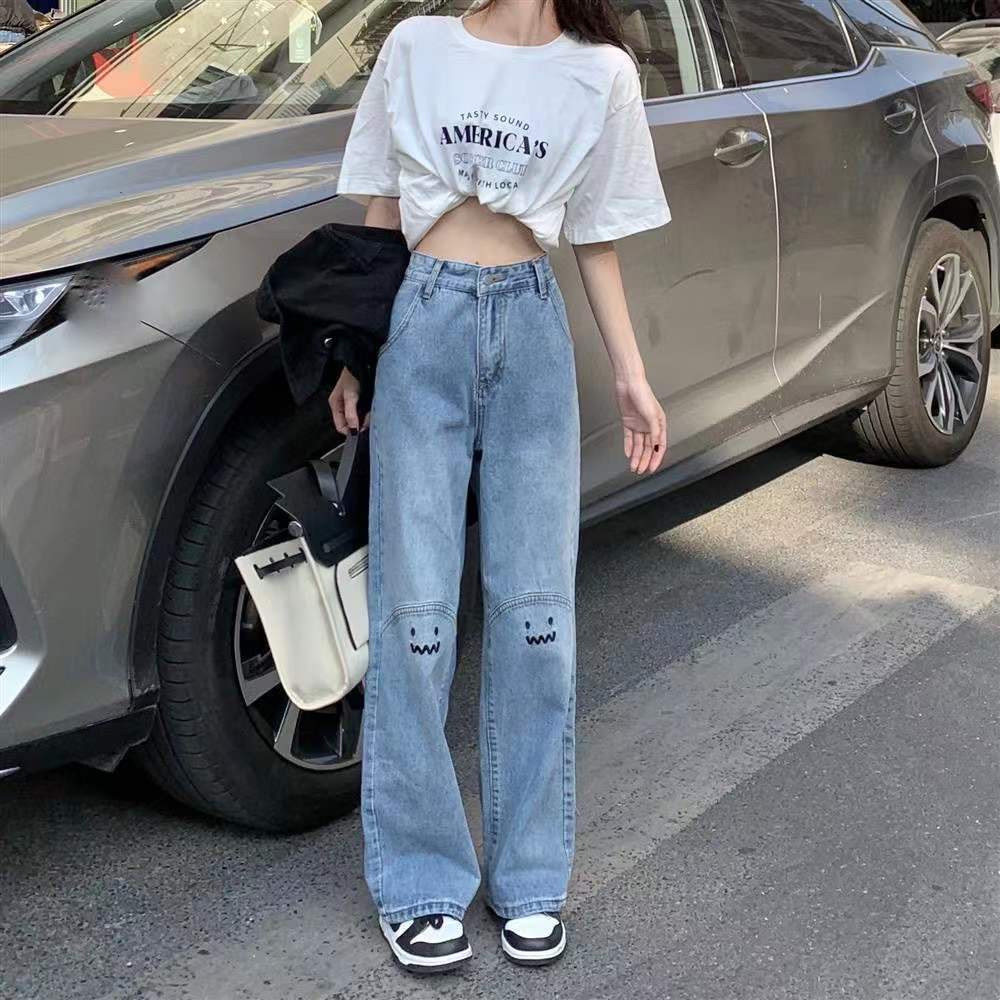 XS-2XL กางเกงยีนส์สีน้ำเงิน เวอร์ชั่นเกาหลี ลายการ์ตูนหวาน ปักลาย หลวม ลำลอง ขากว้าง กางเกงขากว้าง intr