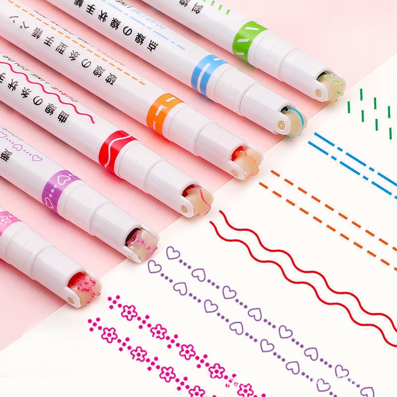 6 ชิ้นดอกไม้เส้นรูป Outline Curve Highlighter Notes DIY Marker ปากกาชุด Wave Love รูปแบบ Highlighter เครื่องเขียนนักเรียน