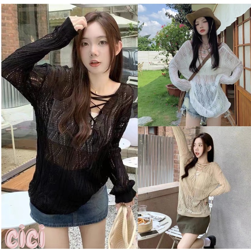 ส่งทันที Cici ❣🇹🇭🚚พร้อมส่ง❣(2119-1)เสื้อคลุมแขนยาวไหมพรม คอวี ซีทรูเบาๆ ดีเทลสายผูกหน้าทรงลวม ใส่สบายระบายดีมาก