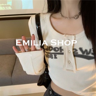 EMILIA SHOP เสื้อ เสื้อครอป เสื้อผ้าแฟชั่นผู้หญิง เสื้อแขนยาวไหมพรม 2022 ใหม่ S051089