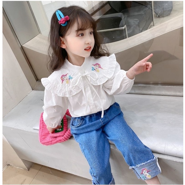 jqk ชุดเซ็ทแฟชั่นเด็กผู้หญิง เสื้อแขนยาว+กางเกงยีนส์ขายาว (สีขาว) รุ่น LL071