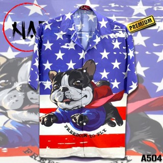 เสื้อฮาวาย ลายหมาบิน A504 ผ้าไหมอิตาลี