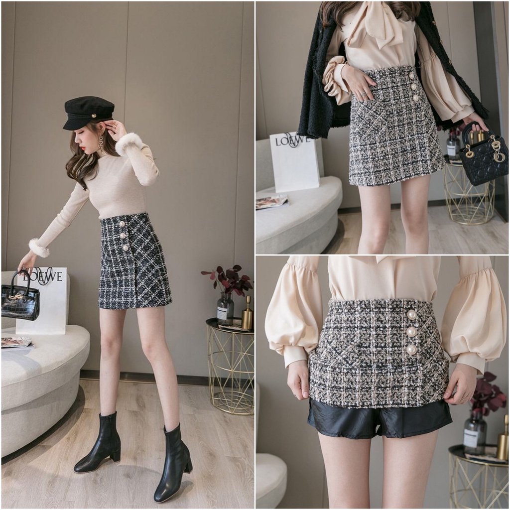 suysuy พร้อมส่ง กระโปรงผ้าทวิต แต่งกระดุมมุก3เม็ดตรงกลางบน กระโปรงเอวสูงผ้าหนานุ่ม ใส่สบาย สไตล์เกาหลี