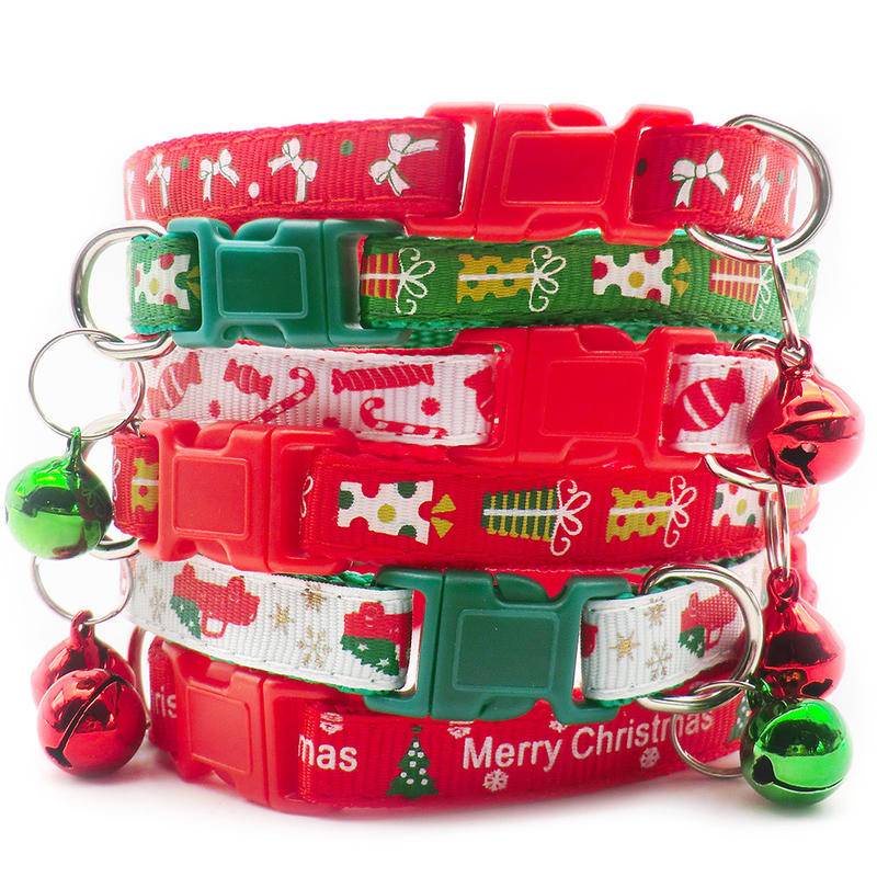 Pet Christmas Bow Tie ปลอกคอกระดิ่งแมวสุนัขสีหัวเข็มขัด Xmas Santa Claus สร้อยคอปรับคอ