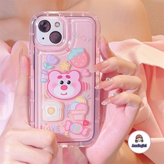 เคสโทรศัพท์มือถือ Tpu นิ่ม แบบหนา กันรอยขีดข่วน ลายการ์ตูนหมีสตรอเบอร์รี่ สําหรับ IPhone 14 13 12 11 Pro Max