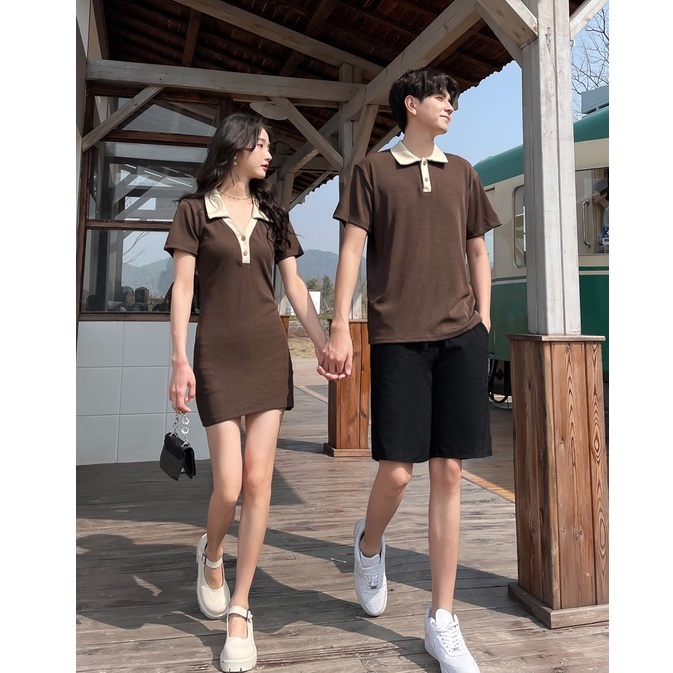 ชุดคู่ชายหญิง ชุดเซ็ท เดรสผู้หญิง ผู้ชายสีน้ําตาล เสื้อโปโล แฟชั่นกวางโจว ร่วมรัก ค016