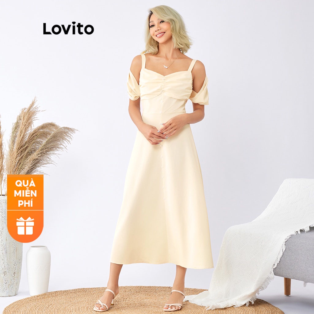 Ui88 Lovito Boho ชุดเดรสซิปปุ่มธรรมดาชุดเดรป L22Ee006 (แอปริคอท)