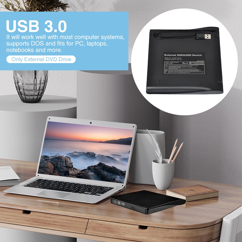 ออปติคัลไดรฟ์แบบพกพาสีดำและสีขาว CD/DVD-RW External เครื่องอ่านแผ่นซีดี USB 3.0 Ultra Slim External 