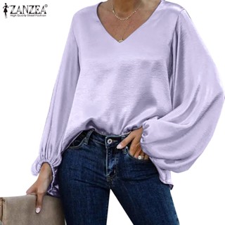 CELMIA ZANZEA Women V Neck Long Sleeve Blouse Casual Loose Satin Tops