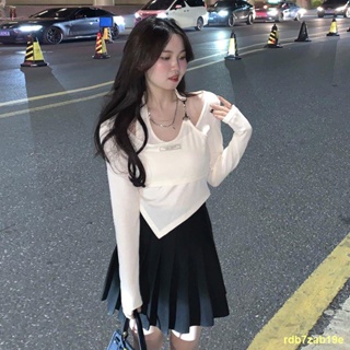 🌙Fast delivery🌙Halter Chain Fake Two Pieces Long Sleeve T-Shirt Women s Irregular Top