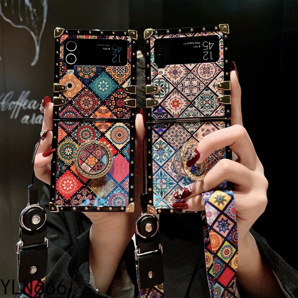 เคสโทรศัพท์มือถือ ทรงสี่เหลี่ยม กันกระแทก พร้อมสายคล้อง หรูหรา สําหรับ Samsung Galaxy Z Flip 5 4 3 5G Z Flip5 5G