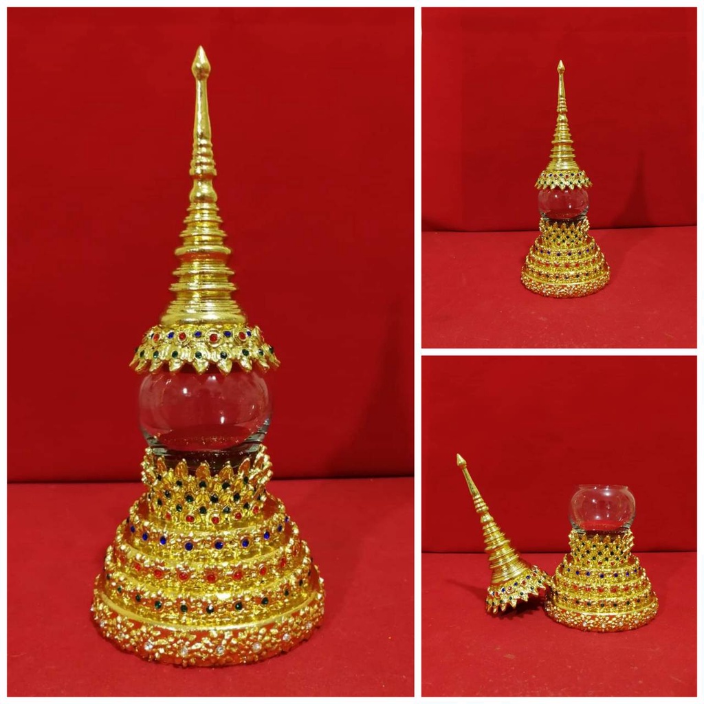 เจดีย์ ใส่พระธาตุ ทรงฐานกลม ปลายบัว(S/KB) ฐาน 9 เซน สูง 24 เซน งานปิดทอง