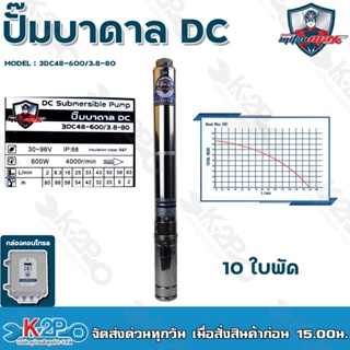 Mitsumax ปั๊มบาดาล DC 600W บ่อ 3 นิ้ว10 ใบพัด ดูดลึก 18 เมตร ท่อส่ง 1.2นิ้ว รุ่น 3DC48-600/3.8-80 กล่องควบคุม