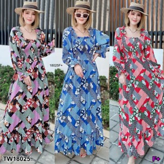 TT18025 แม็กซี่เดรสยาว คอเหลี่ยม พิมพ์ลายกราฟฟิก Long maxi dress, square neck, graphic print..