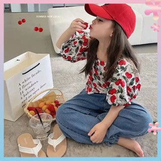 Korean childrens clothing 2022 summer clothing French square collar waist girl bubble sleeve Cherry sweetheart doll shirt lining top