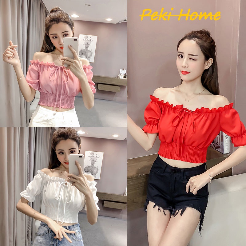 พร้อมส่ง เสื้อครอปเปิดไหล่ลำลอง