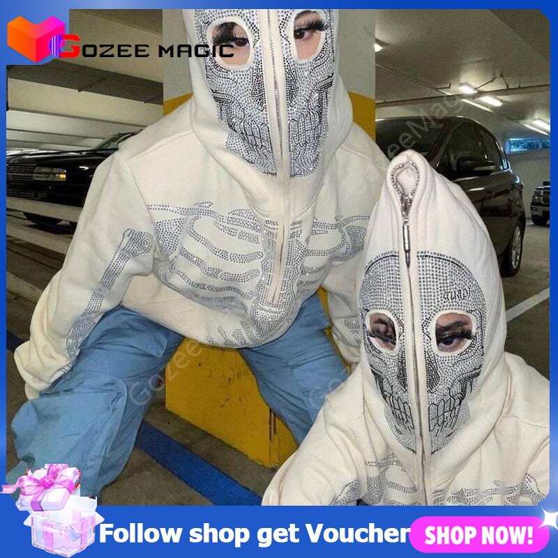 Y2K ผู้หญิง Zip Up Hoodie เสื้อแขนยาว Rhinestone Skeleton Pullover Hoodie 90s Streetwear
