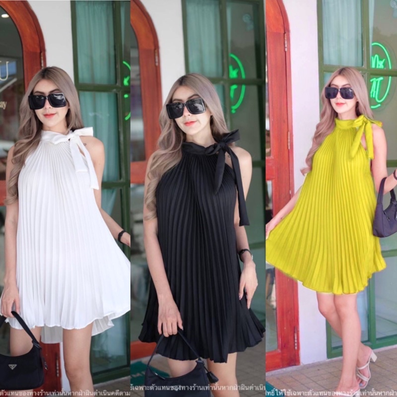 ใช้โค้ด220 มินิเดรสแขนกุดคอปีนผูกโบว์อัดพลีททั้งตัว ใส่ออกงานได้ สาวอวบใส่ได้ มีสีนีออน