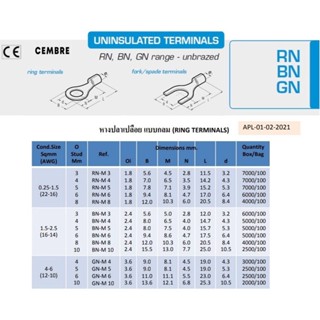 "CEMBRE" หางปลาเปลือย แบบกลม (RING TERMINALS) 4-6SQ.MM. (12-10AWG) GN-M10 (100EA/BAG)