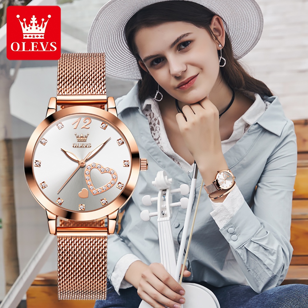 OLEVS นาฬิกา นาฬิกาควอตซ์ สเตนเลส แฟชั่น กันน้ำ ส่องสว่าง สง่างาม สำหรับผู้หญิง ของขวัญวันเกิดเด็กผู้หญิง 5189