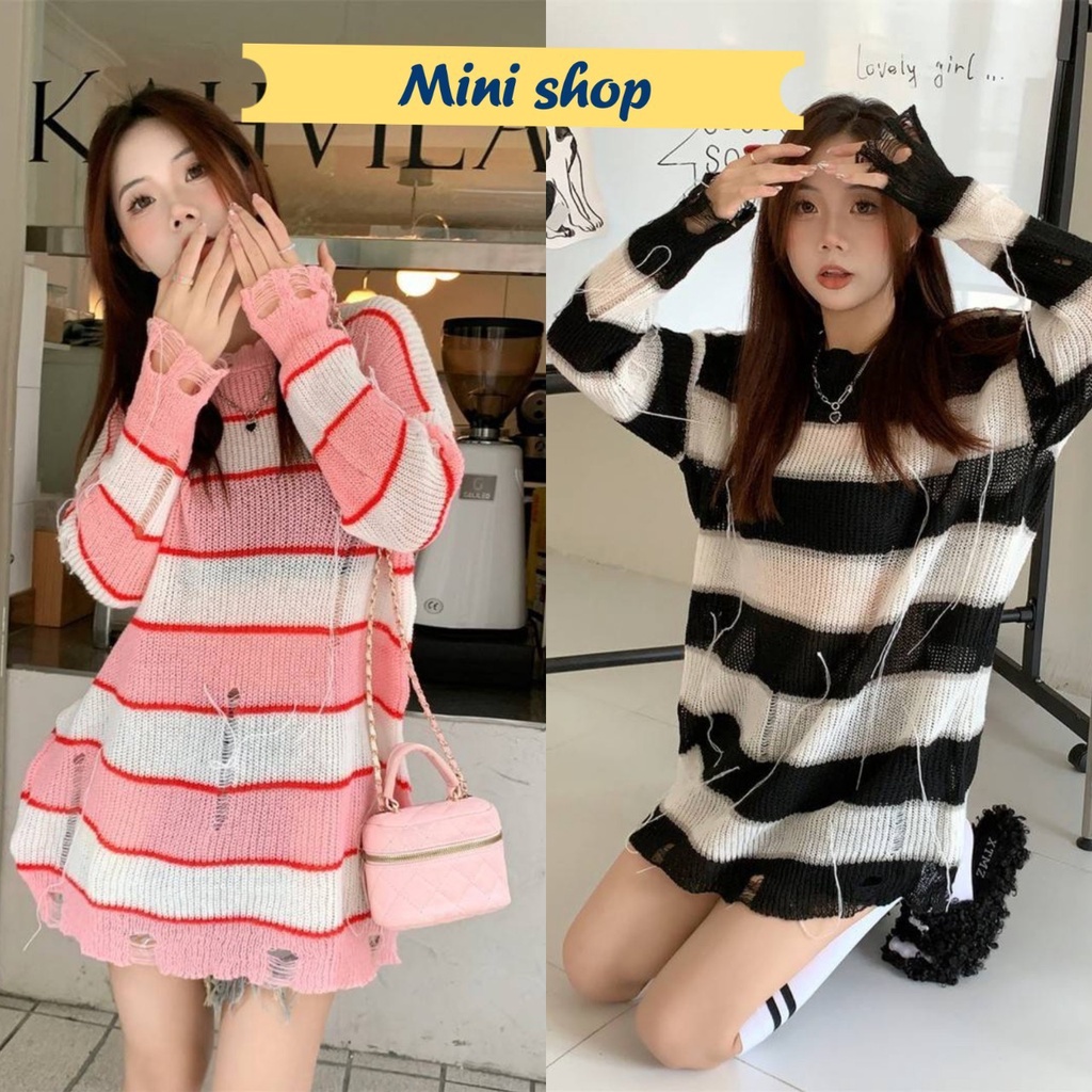 Mini shop พร้อมส่ง (M5813) เสื้อแขนยาวไหมพรม ดีเทลลายทางขาดๆ เท่ไม่ซ้ำใคร -C