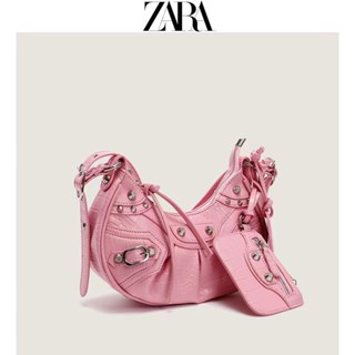 Zara กระเป๋าสะพายไหล่ แต่งพู่ สีชมพู แฟชั่นสําหรับสตรี