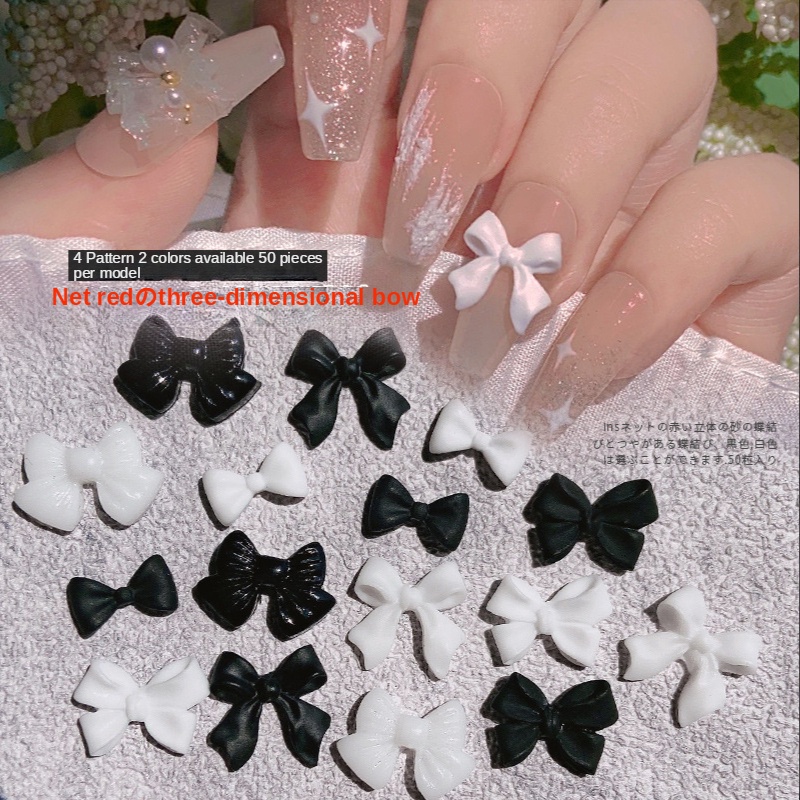 50PC เพ้นท์เล็บโบว์ขาวดำคลาสสิก / เพ้นท์เล็บเรซิ่นแบบเรียบง่าย / ริบบิ้นสเตอริโอเพ้นท์เล็บ – โปรปัง