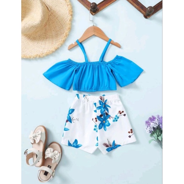 SHEIN เสื้อเด็กผู้หญิงเปิดไหล่&ลายดอกไม้โบว์กางเกงขาสั้น