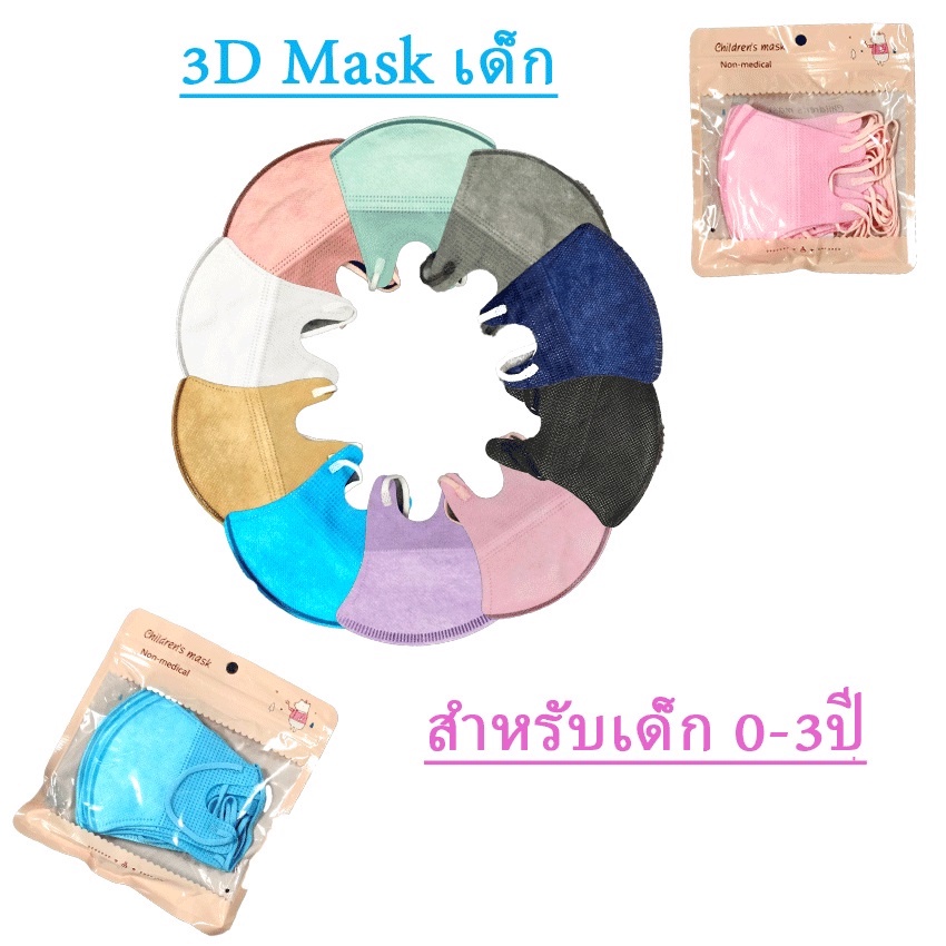 หน้ากาก3D แบบใช้แล้วทิ้ง สำหรับเด็ก0-3ปี สามมิติ 3ชั้น ระบายอากาศ กันฝุ่น และกันละอองเกสร 1แพ็ค10ชิ้น