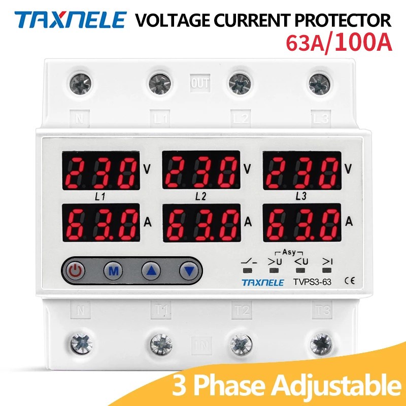 ✓✼3 three phase Voltage Current Relay Protector 63A 60A 220V 3P+N Over Under Voltage Relay Current limiter adjustable  p
