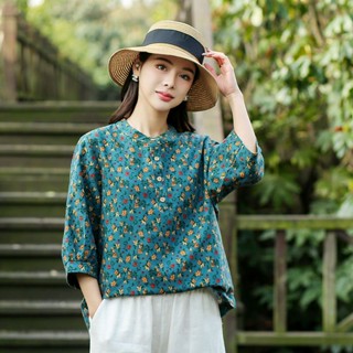 Cotton and linen top floral cotton and linen loose cropped sleeve stand collar shirt