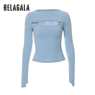 Relagala เสื้อยืด คอกลม แขนยาว สีพื้น แฟชั่นสําหรับผู้หญิง