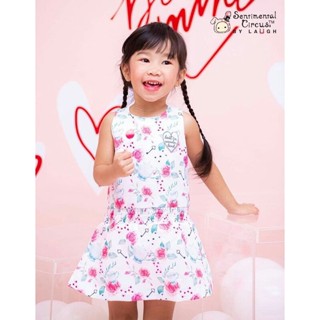 Cha-lom เดรส Sentimental circus sweet pink rose print elastic waist white dress