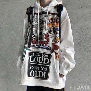 Plus กำมะหยี่พลัสขนาดเสื้อกันหนาวผู้ชายฤดูใบไม้ร่วงและฤดูหนาว ins แนวโน้ม graffiti พิมพ์ hip-hop หลวมสไตล์ฮ่องกง hoodie